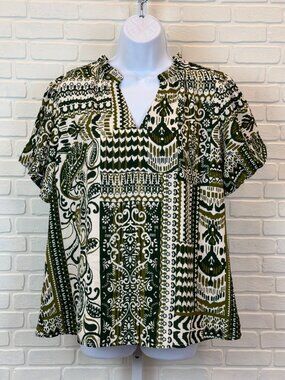 Mascomoda Printed V-Neck Blouse Green Multi Large